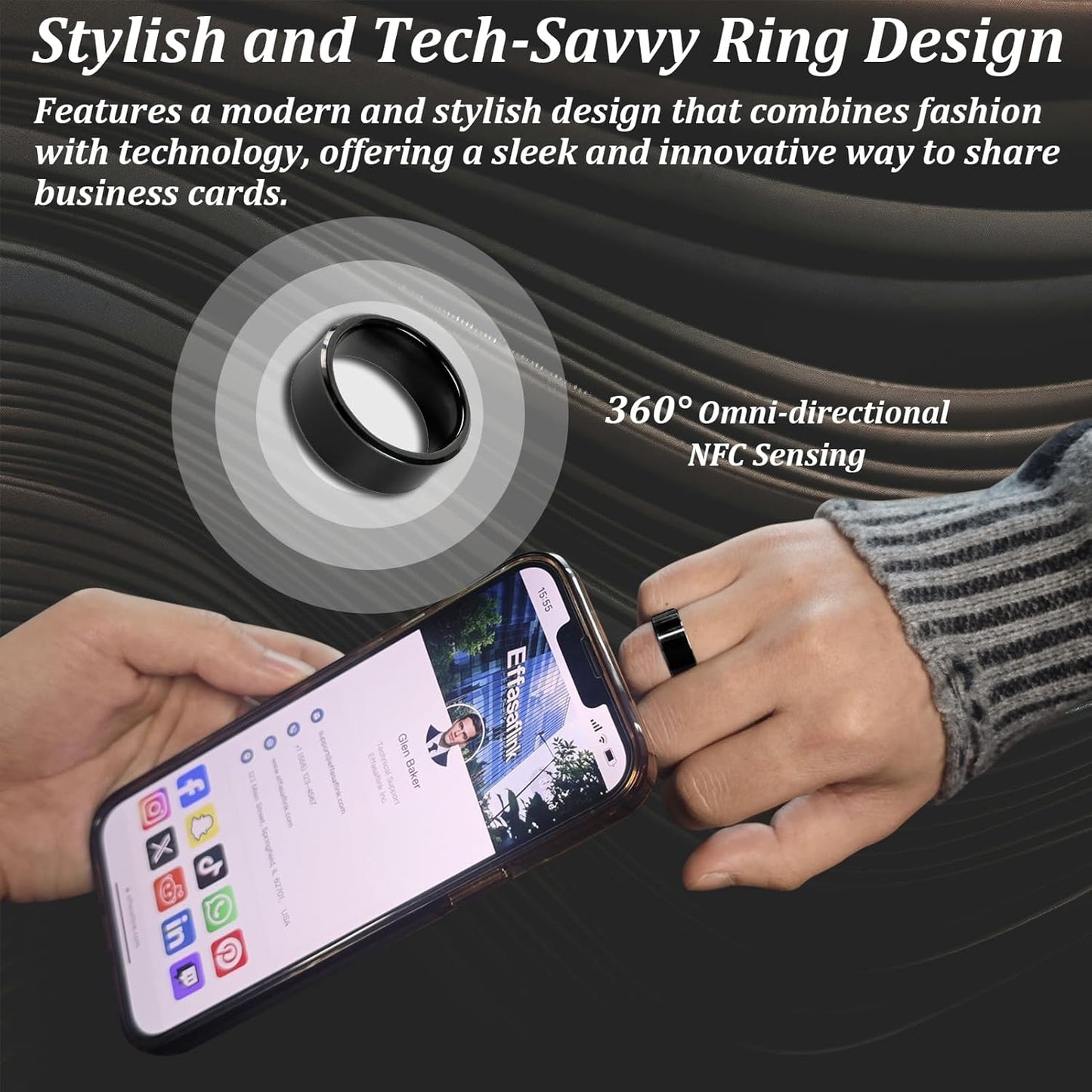 Wide Face NFC Ring – Black – Digital Business Card – No Monthly Fee