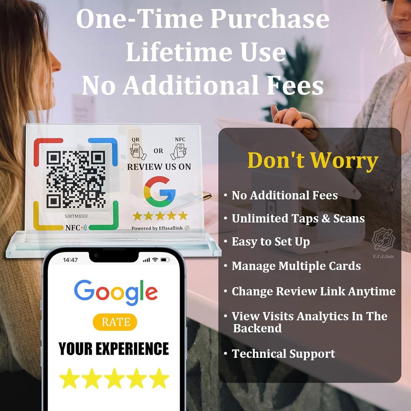 Crystal Google Review Stand – NFC & QR Code – Lifetime Use, No Monthly Fee