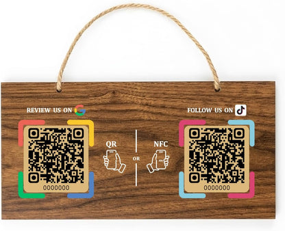 Large Wooden Style NFC Hanging Sign – Google Review & Social – No Monthly Fee – 11.8" x 5.9"