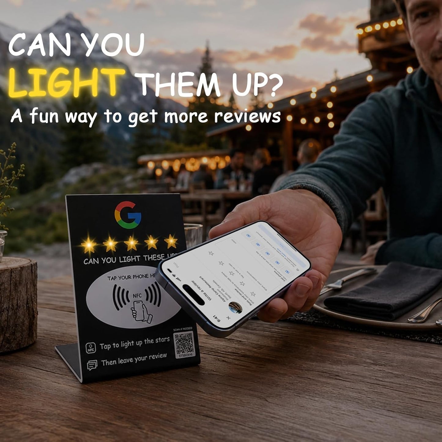 NFC Star Review Sign – Tap to Light Up & Review – No Battery Needed